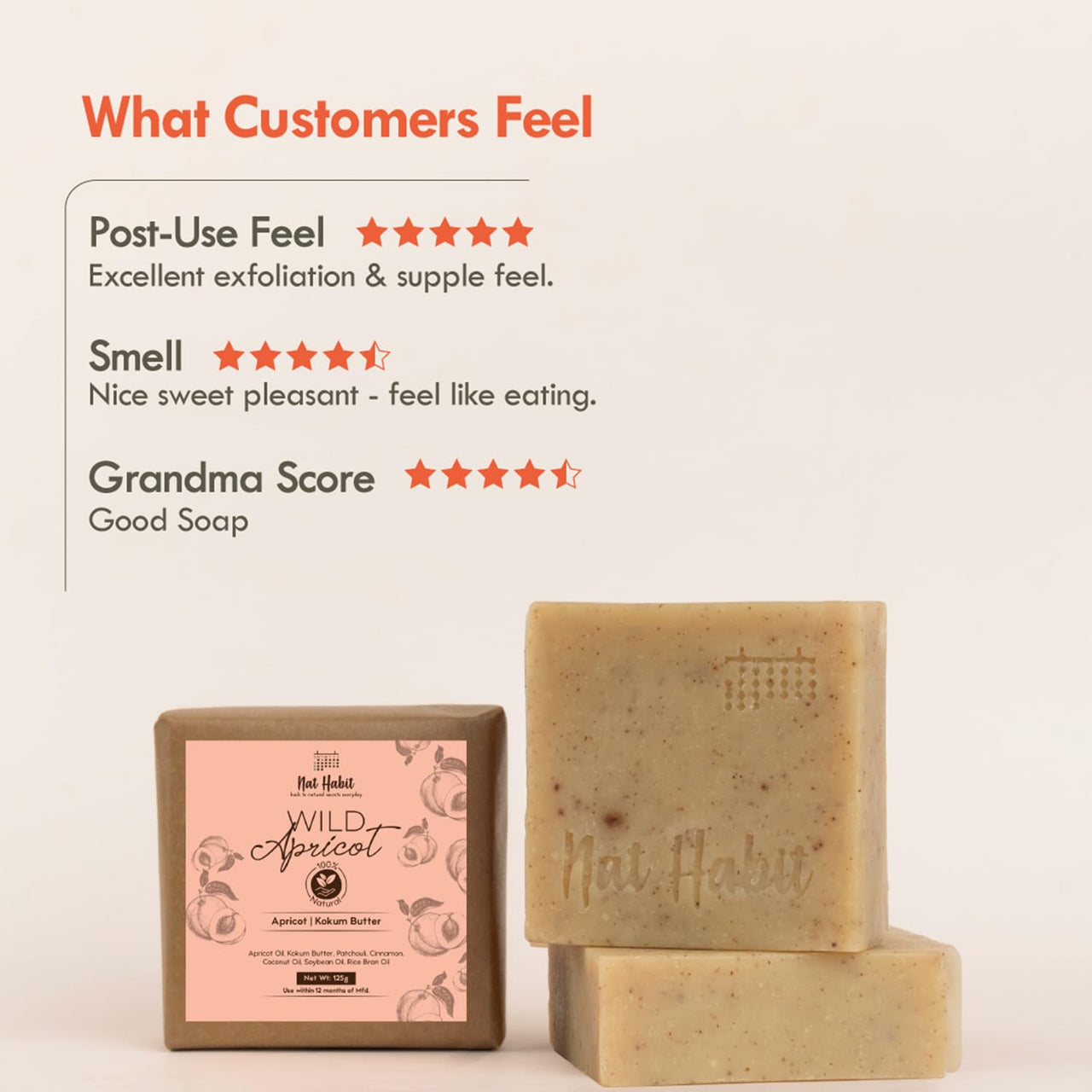 Nat Habit Wild Apricot Bath Soap Enriched With Vitamins C, Made With Cold Processed For Skin Brightening,Cleansing & Removing Taning (Pack of 2 x 125 gm)