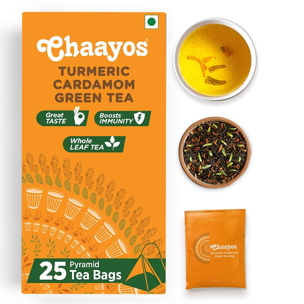 Chaayos Green Tea Bags - Turmeric Cardamom (25 Pyramid Tea Bags) | Turmeric and Cardamom Flavoured Green Tea | Green Tea | Herbal Tea | Green Tea Leaves | Detox Green Tea