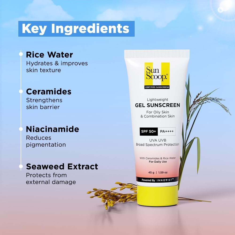 SunScoop Ceramides & Rice Water Gel Sunscreen | SPF 50+ PA++++ | For Oily & Combination Skin | Oil-Free Finish | Sweat-Free | Lightweight Formula | Protects Skin Barrier | 45g