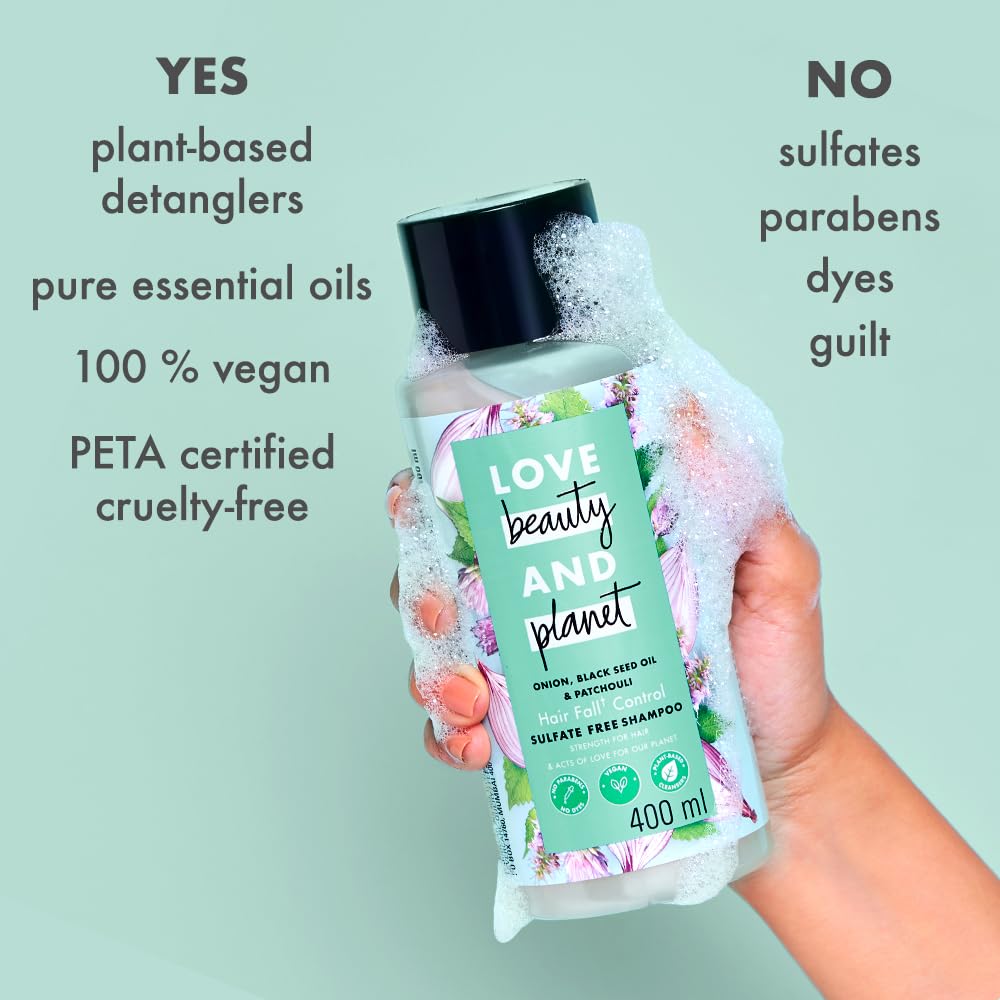 Love Beauty & Planet Onion oil|| Blackseed oil & Patchouli Sulfate Free Hairfall control Shampoo|| No Parabens|| No Dyes|| Patchouli Essential Oil|| 200 ml