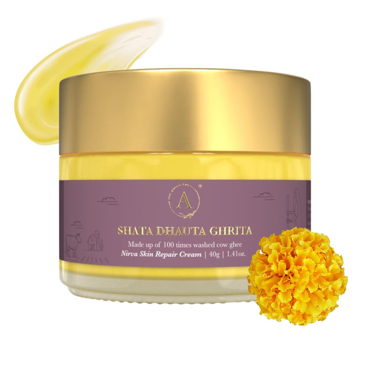 ADHYAY | Shata Dhauta Ghrita Skin Renewal Cream | Nourishing Hydrating & Age-Defying Ayurvedic Formula | Wrinkle Repair & Skincare | Infused with 100 times washed Cow Ghee & Marigold Extracts | 40gm