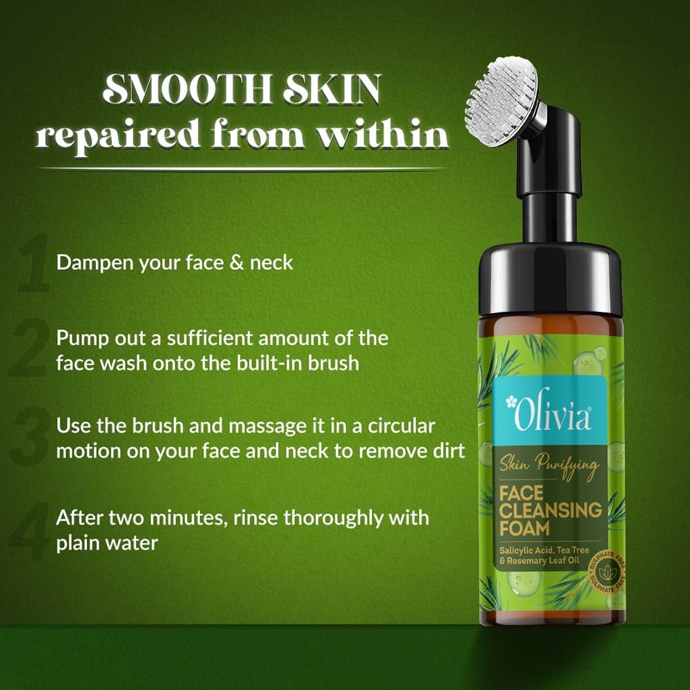 Olivia Skin Purifying Face Cleansing Foam, Built In Brush Face Wash For Deep Cleansing, Massage, Exfoliate, Glowing Bright Skin With 0.5% Salisylic Acid, Tea Tree, & Rosemarry Leaf Oil - 150Ml