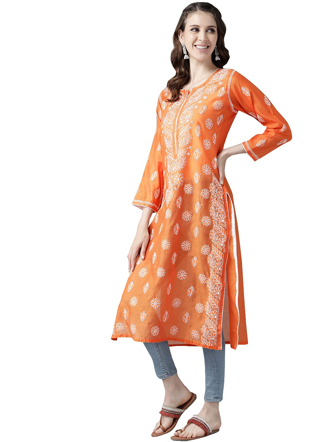 Ada Hand Embroidered New Lucknowi Chikankari Chanderi Kurta Kurti for Women A411175