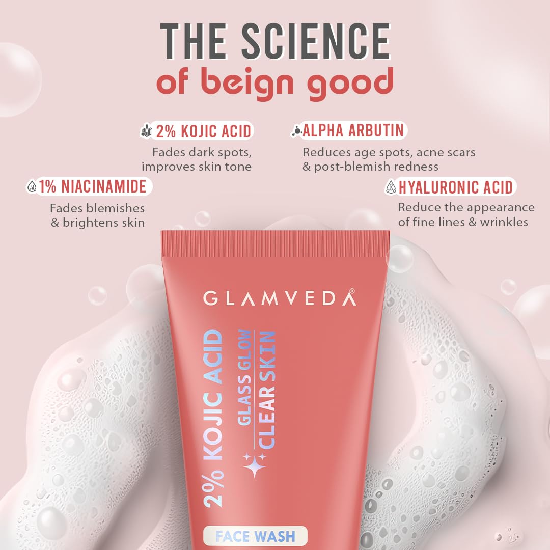 Glamveda 2% Kojic Acid Face Wash With 1% Niacinamide & Alpha Arbutin for dark spot & uneven skin tone clear glow 150ml