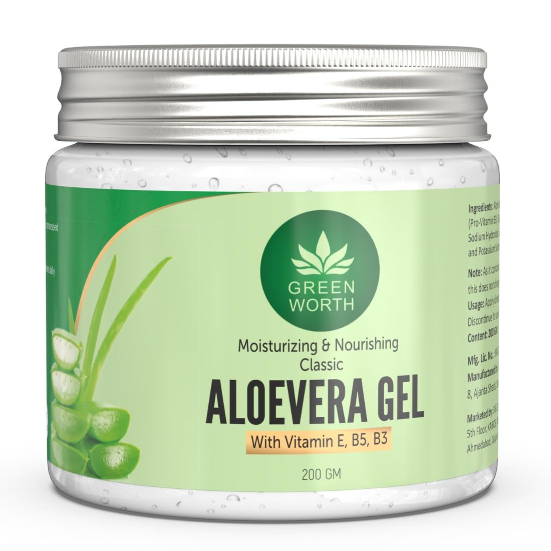 GREEN WORTH Pure Aloe Vera Gel for face, skin and hair | with Vit B3, E and Pro-Vit B5 | 200 gms