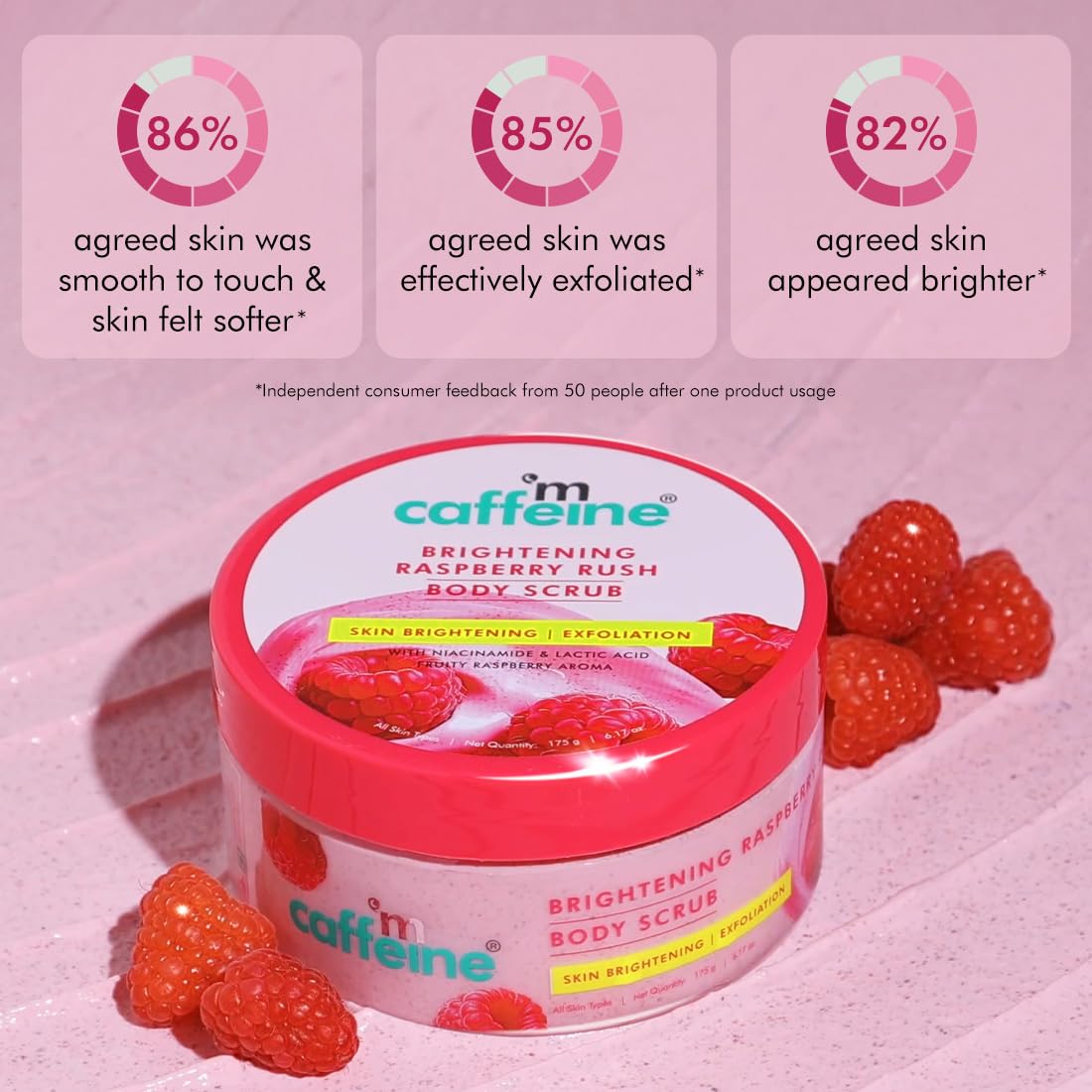 mCaffeine Brightening Raspberry Body Scrub | Tan Removal | AHAs - Lactic & Glycolic Acid, Niacinamide | Vitamin C Rich for Brighter, Soft Skin | Remove Dry, Dead Skin | Fruity Berries Aroma - 175g