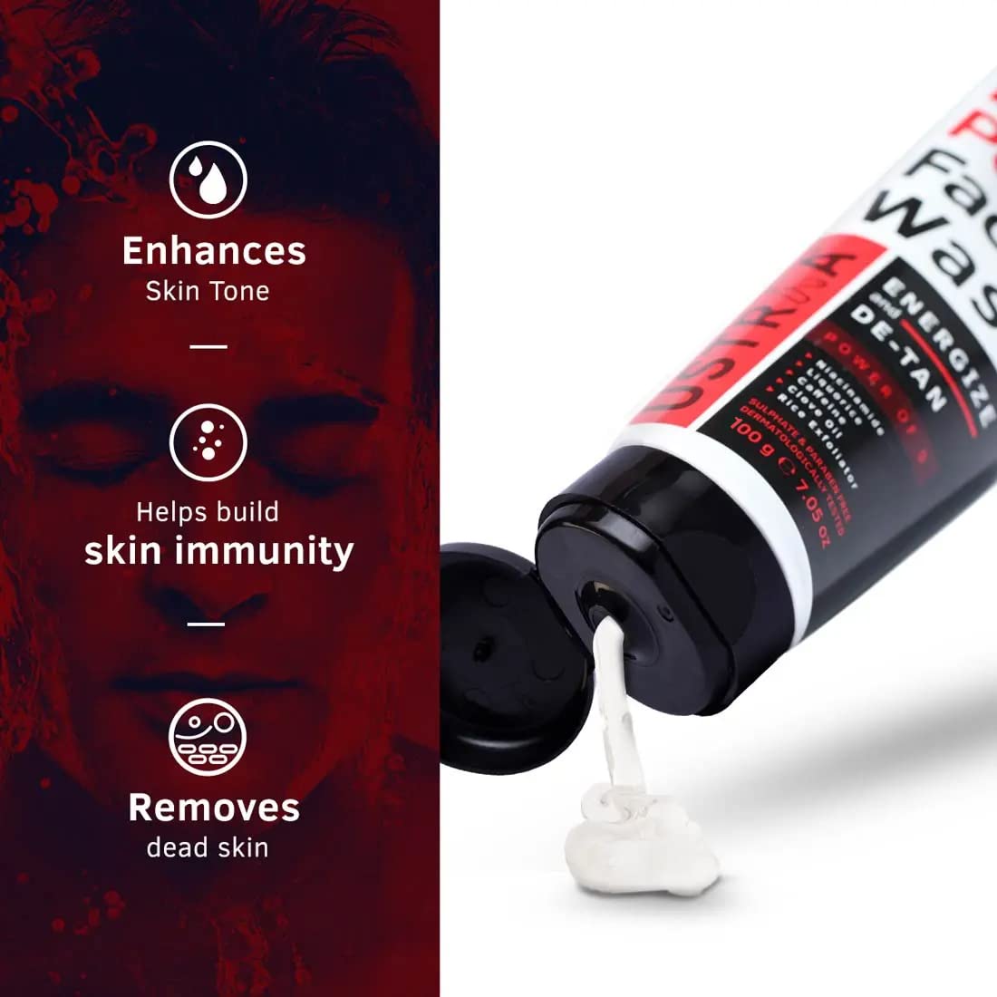 Ustraa Power Face Wash - 100g - Energize and De-Tan | Dermatologicallyl Tested | Effective Tan Removal | Removes Dead Skin, Brightens Skin, Refresh & Recharge, NO SLS, No Paraben