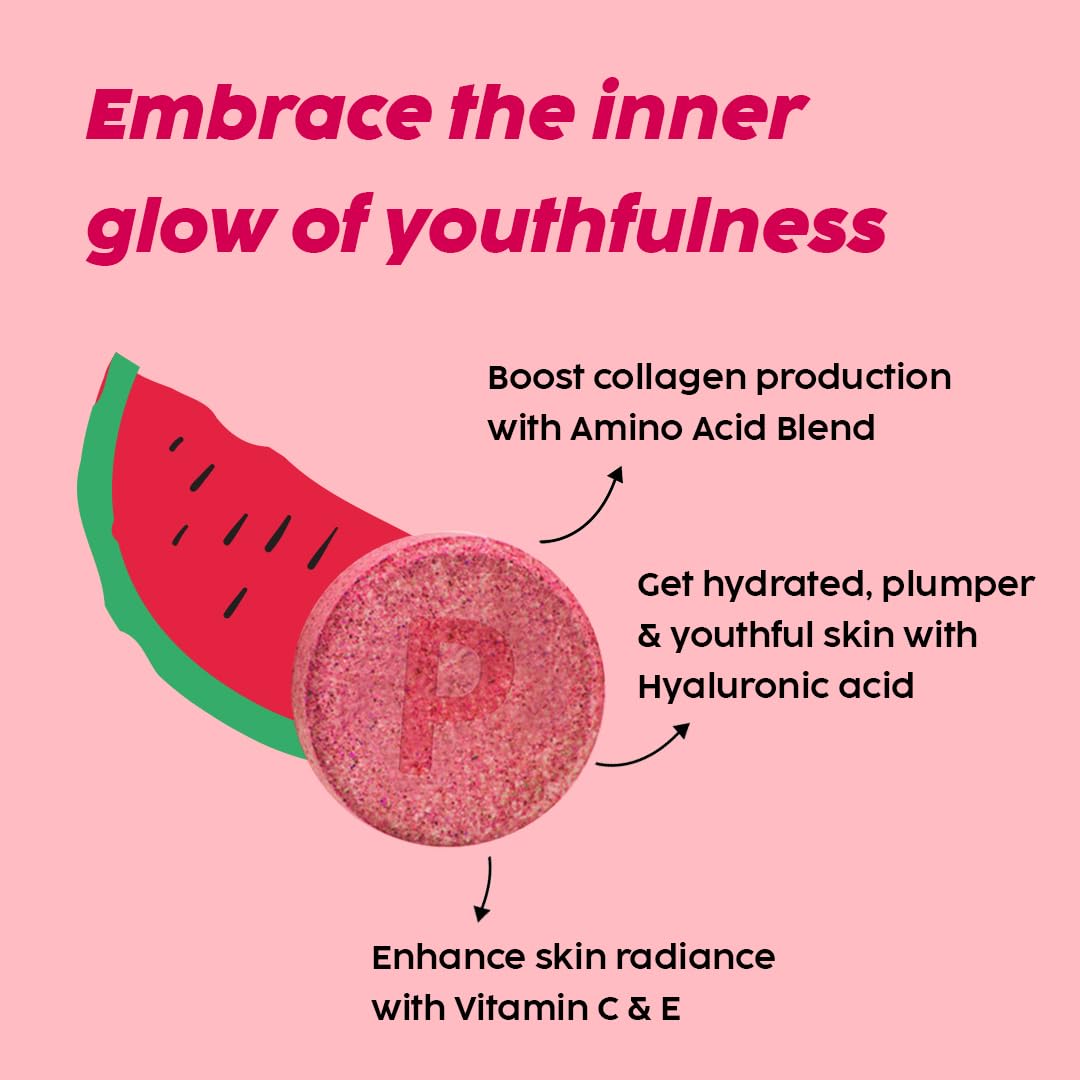 PLIX - THE PLANT FIX Collagen Builder Bubbly Effervescent - 15 Tablets (Watermelon) for Hydrated Skin & Anti-Aging | Amino Acid Blend For Collagen Production | Vitamin C & E | 100% Vegan