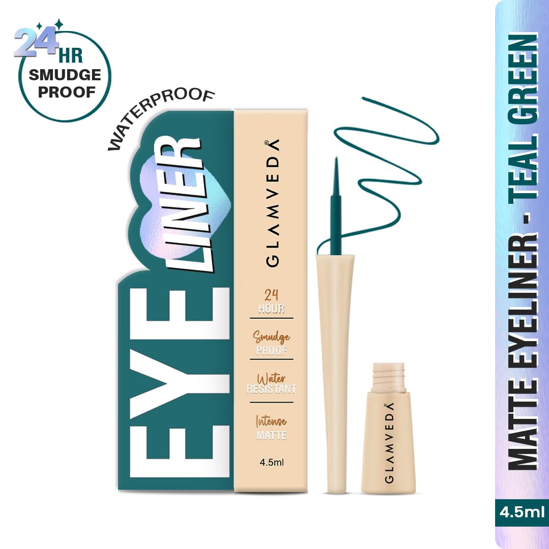 Glamveda Super Matte Liquid Eyeliner – Teal Green, Smudge-Proof, Waterproof, Quick Drying | 24-Hour Long Stay | Smooth Application | Bold, Clean, Smudge-Free Look