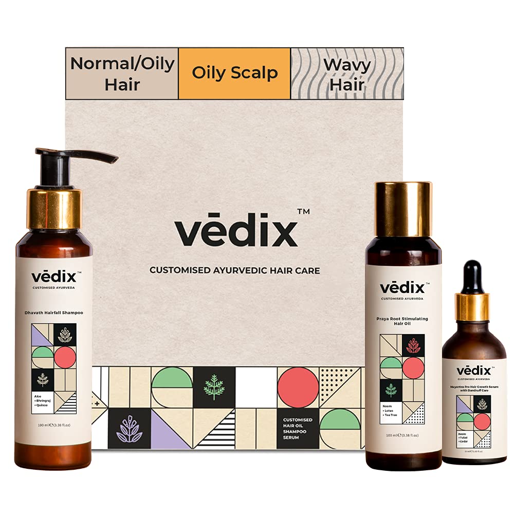 Vedix Customized Hair Fall&Dandruff Control For Normal/Oily Hair - Oily Scalp&Wavy Hair - Customized Ayurvedic Hair Care Kit - 3 Product Kit - Pro Hair Growth Serum X Dandruff Care,550 Grams