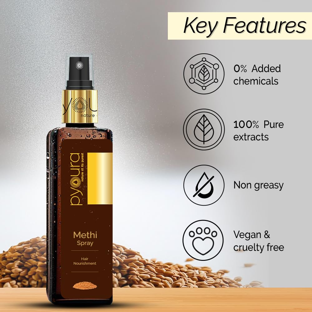 PYOURA Non-oily Methi Frizzy Hair Serum Mist 100ml, Hair Conditioner For Dry Frizzy Hair, Serum for Soft and Shiny Hair, Revives Damaged Hair, Ayurvedic Natural Herbal spray serum for dandruff