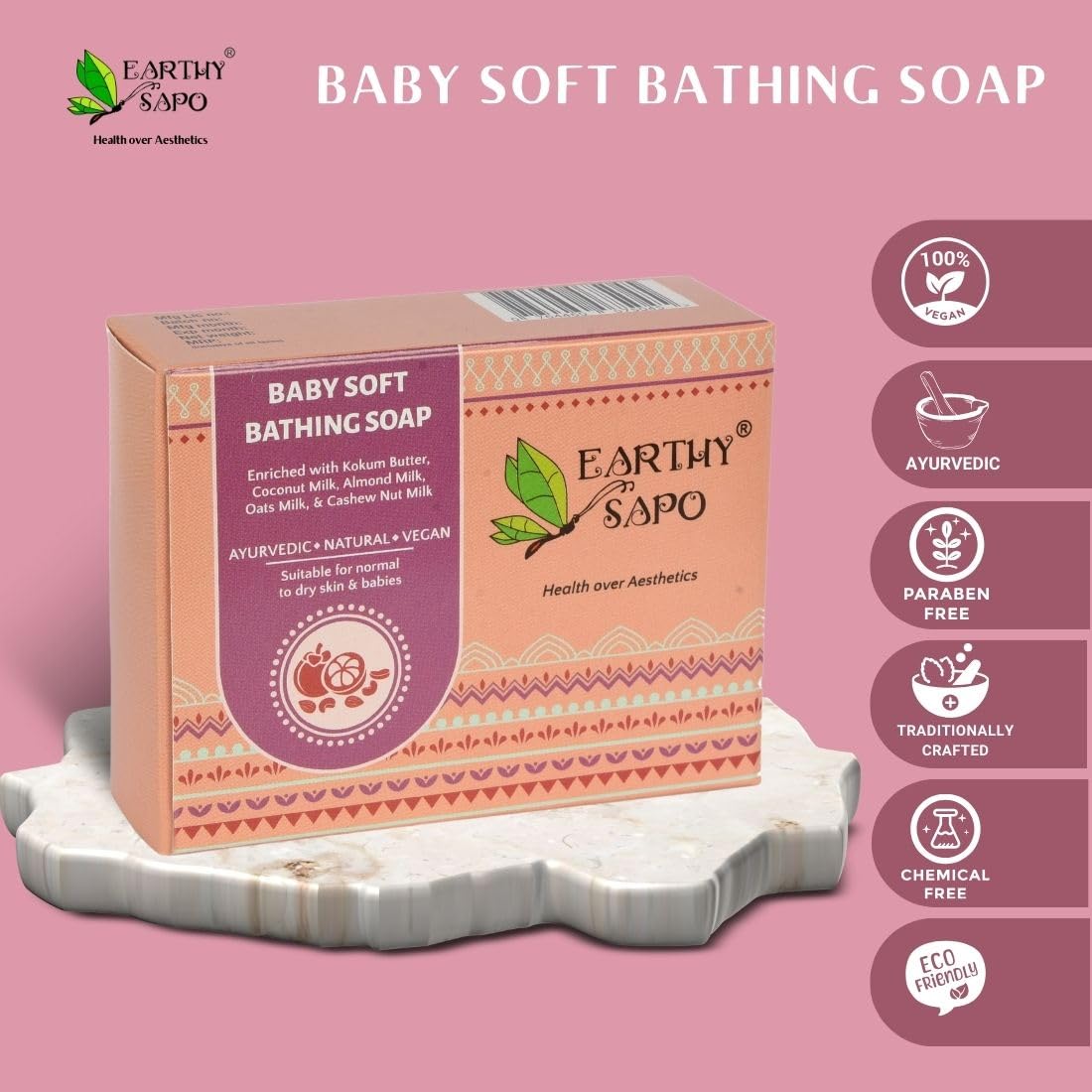 Earthy Sapo Handmade Baby Soft Bathing Soap (Coconut Milk, Almond Milk, Oat Milk, Kokum Butter) 100g, Pack of 1 | Natural, Gentle Bath Soap for Babies Sensitive Skin