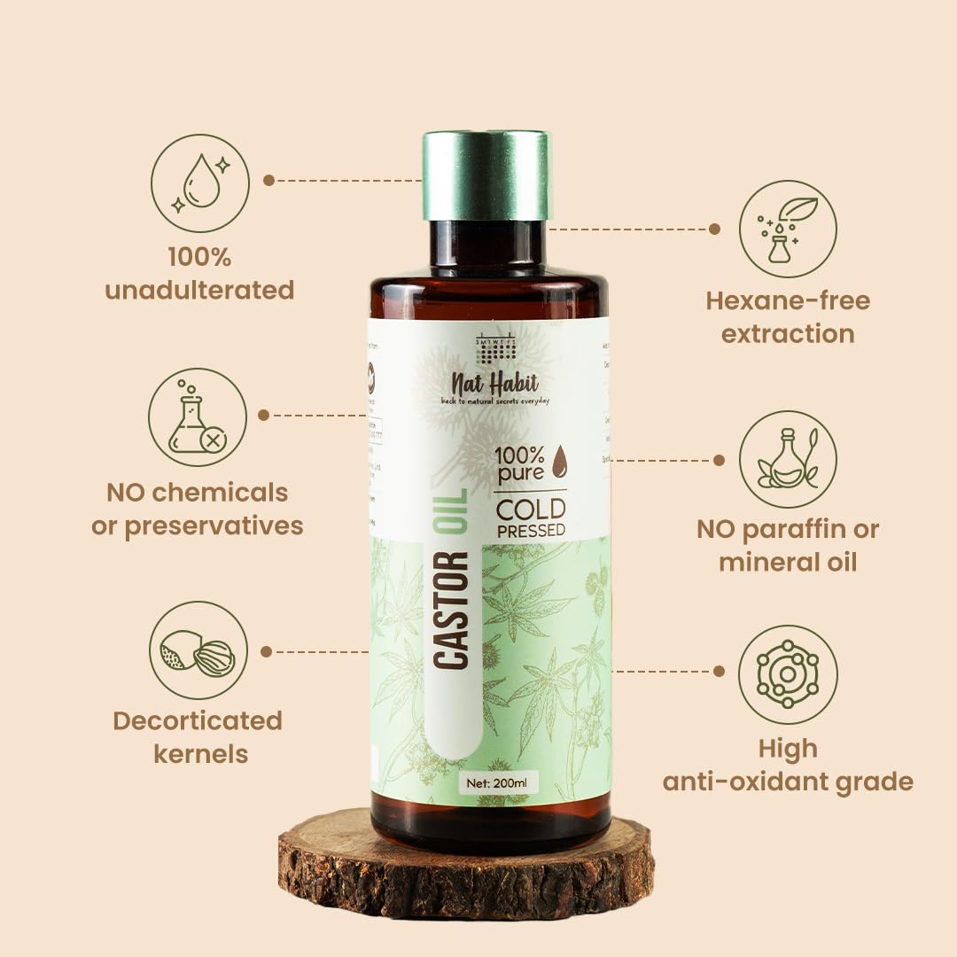 Nat Habit Cold Pressed 100% Pure Castor (Arandi) Oil for Skin & Hair - 200ml and Nat Habit Henna Paste, 100% Natural Rajasthani Henna - (Pack of 4 x 220g)