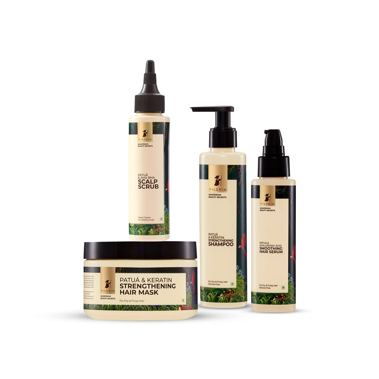 Pilgrim Amazonian Patuá Hair Spa Ritual Premium with FREE JUTE BAG|Patuá & Keratin Shampoo (200 ml) + Patuá & AHA BHA Scalp Scrub (100 ml) + Patuá Hair Mask (200 gm) + Patuá Hair Serum (100 ml).