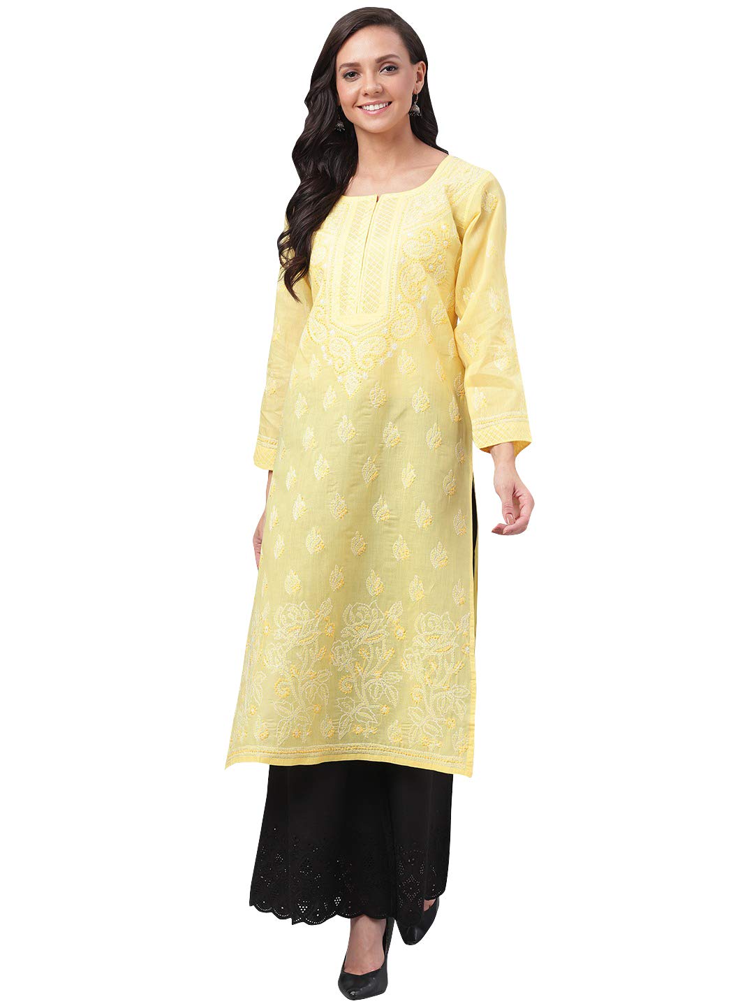 Ada Hand Embroidered Lucknowi Chikankari Straight Cotton Kurti Kurta for Women A220999 White 2XL