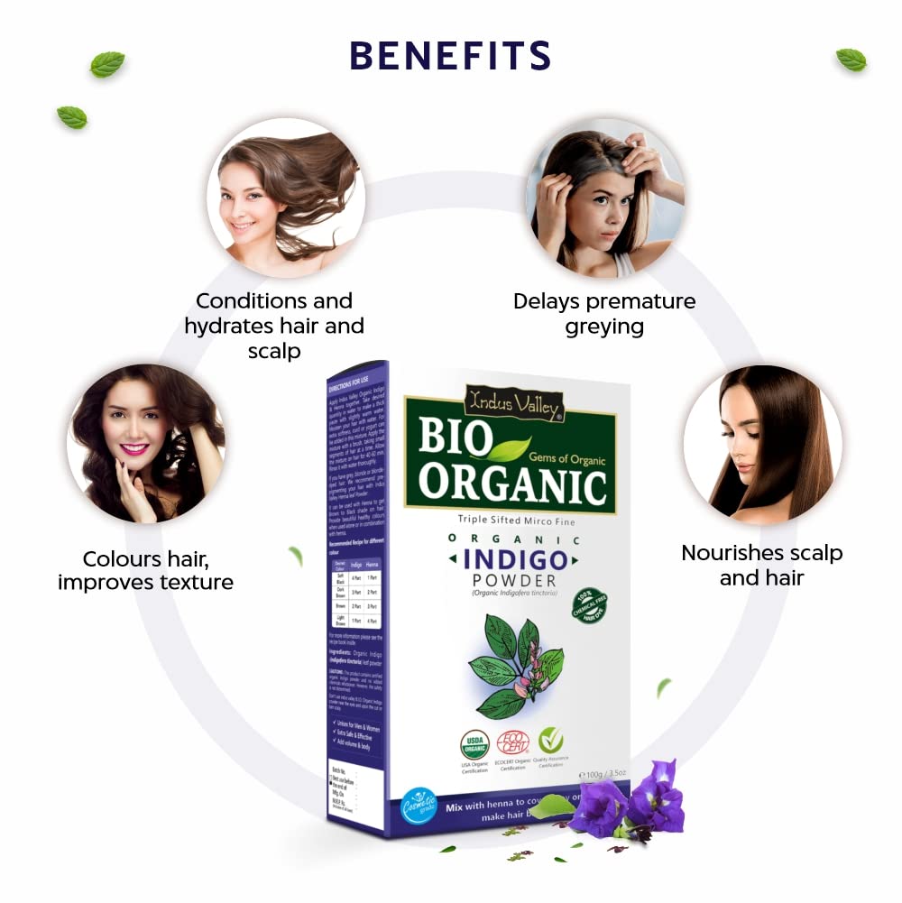 INDUS VALLEY Bio Organic Natural and Pure Indigo Powder with Bhringraj Powder for Hair Care - (100g*2=200g)