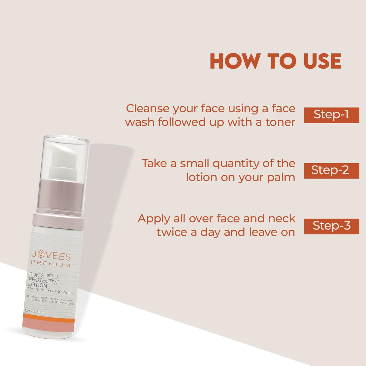 Jovees Premium Sun Shield Protective Lotion SPF 40 | Broad Spectrum PA+++ | Matte Tint | Infused with Organic Extracts | Lightweight and Oil Free 50ML