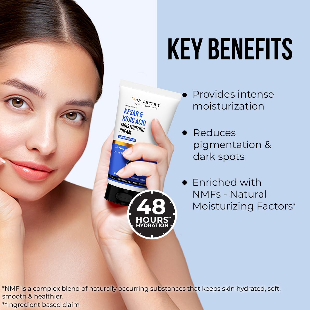 Dr. Sheth's Kesar & Kojic Acid Moisturizing Cream | For Normal to Combination Skin | Reduces Pigmentation | 48hr Deep Hydration | Non Sticky | Formulated with NMFs | For Men & Women |50g