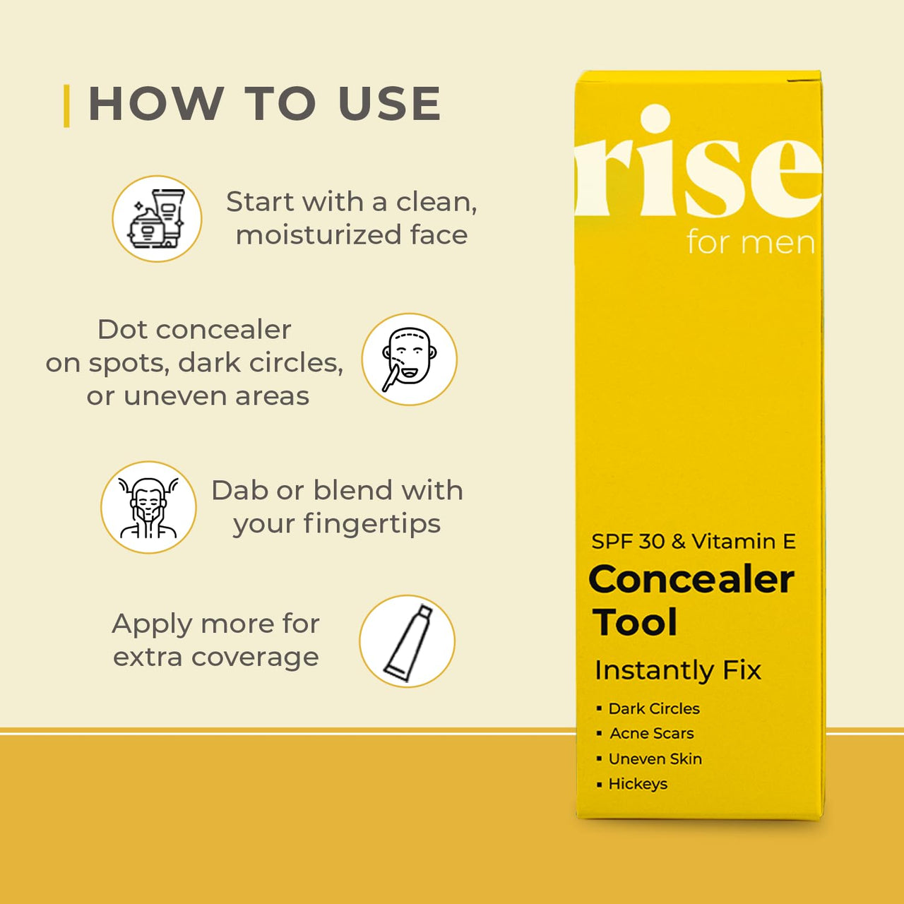 Rise for Men Concealer Tool | Covers Spots, Dark Circles, Acne Scars, & Hickeys Instantly | SPF 30 & Vitamin E | Available in 4 Shades (Light)