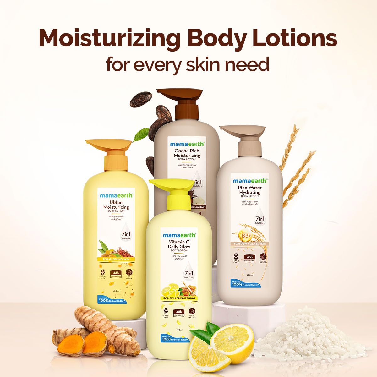 Mamaearth Cocoa Rich Moisturizing Body Lotion with Cocoa Butter & VitaminE for Deep 48H Moisturization | For Very Dry Skin | 7 in 1 Total Care Benefits | 100% Natural Butter | Non-Greasy Smooth Skin | 400 ml (Pack of 2)