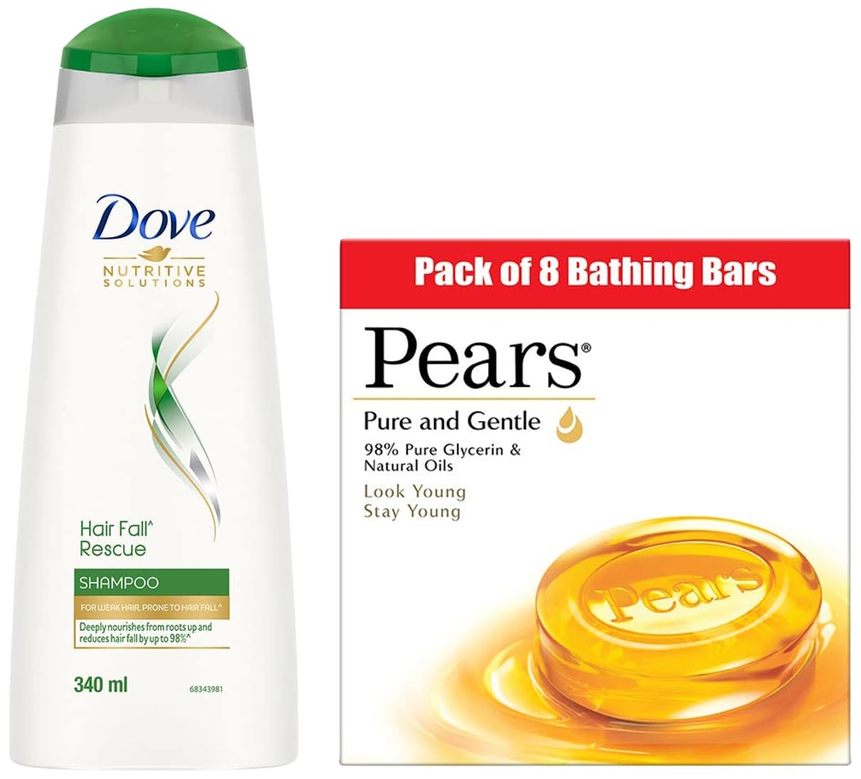 Pears Pure And Gentle Bathing Bar, 125g (Pack Of 8) & Dove Hair Fall Rescue Shampoo, 340ml
