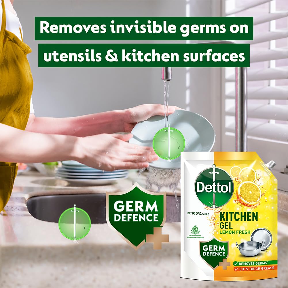 Dettol Lemon Fresh Dishwash liquid and Kitchen Gel || Cuts Tough Grease || Remove germs || 1500ml, (Refill Pack)