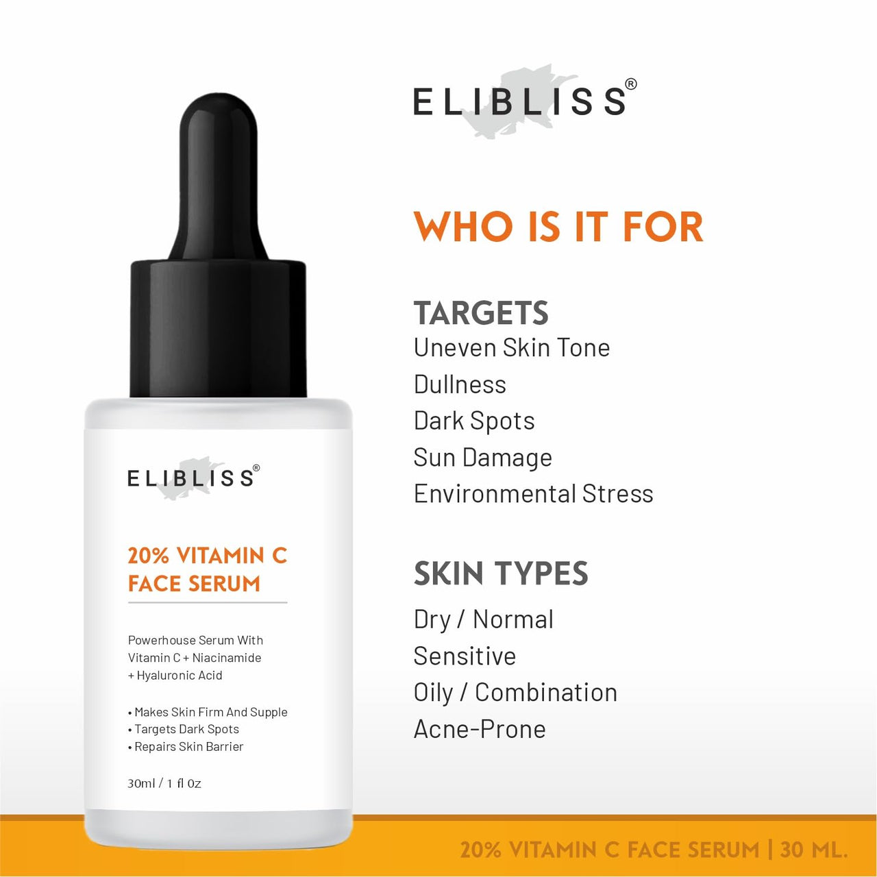 Elibliss Vitamin C Serum 20% for Face – Brightens Skin, Reduces Pigmentation, Fades Dark Spots, Repairs Skin Barrier & Boosts Collagen – 30ml