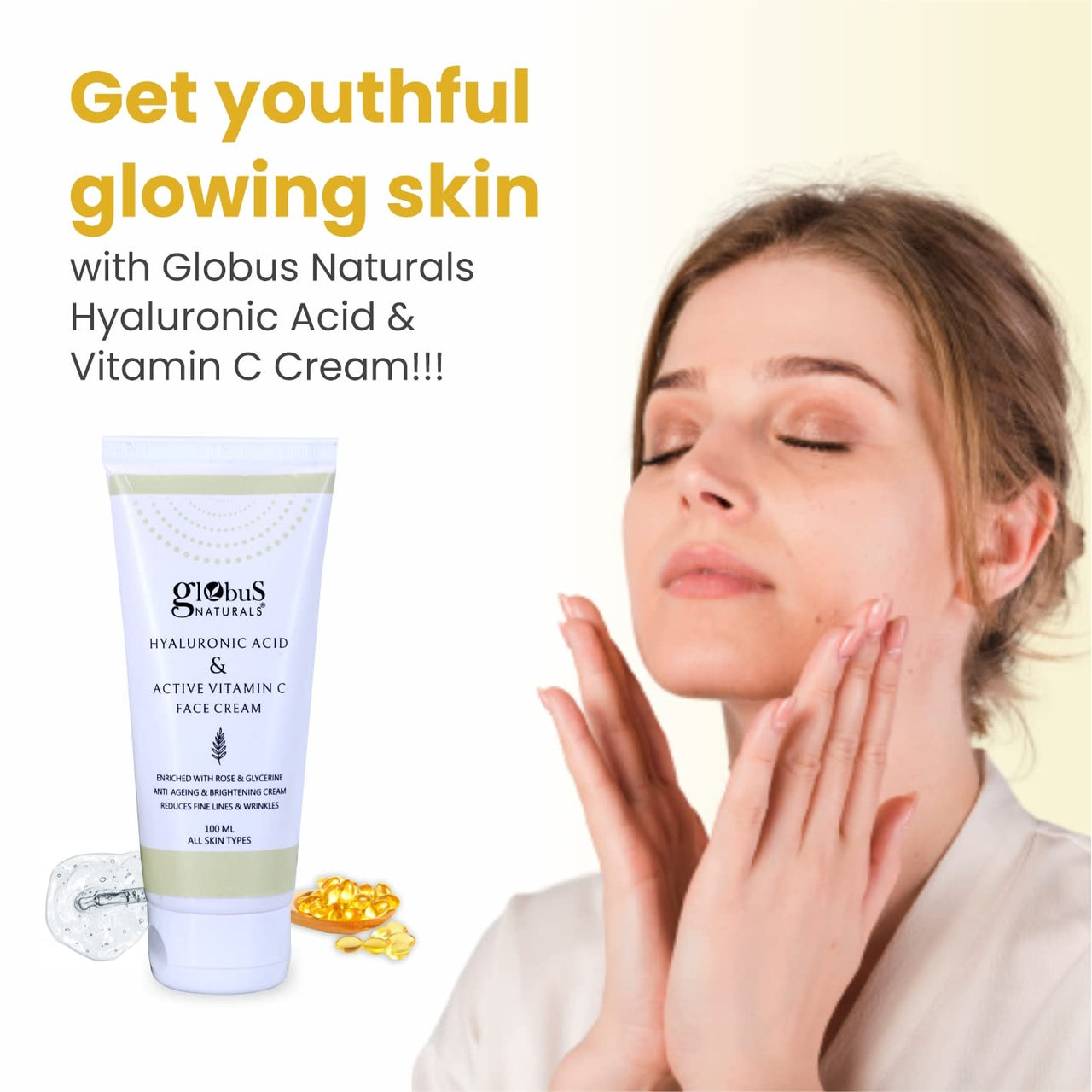 Globus Naturals Hyaluronic Acid & Vitamin C Anti Ageing Face Cream, Enriched with Rose & Glycerine, Skin Lightening & Brightening Formula, 100 ml, Pack Of 3