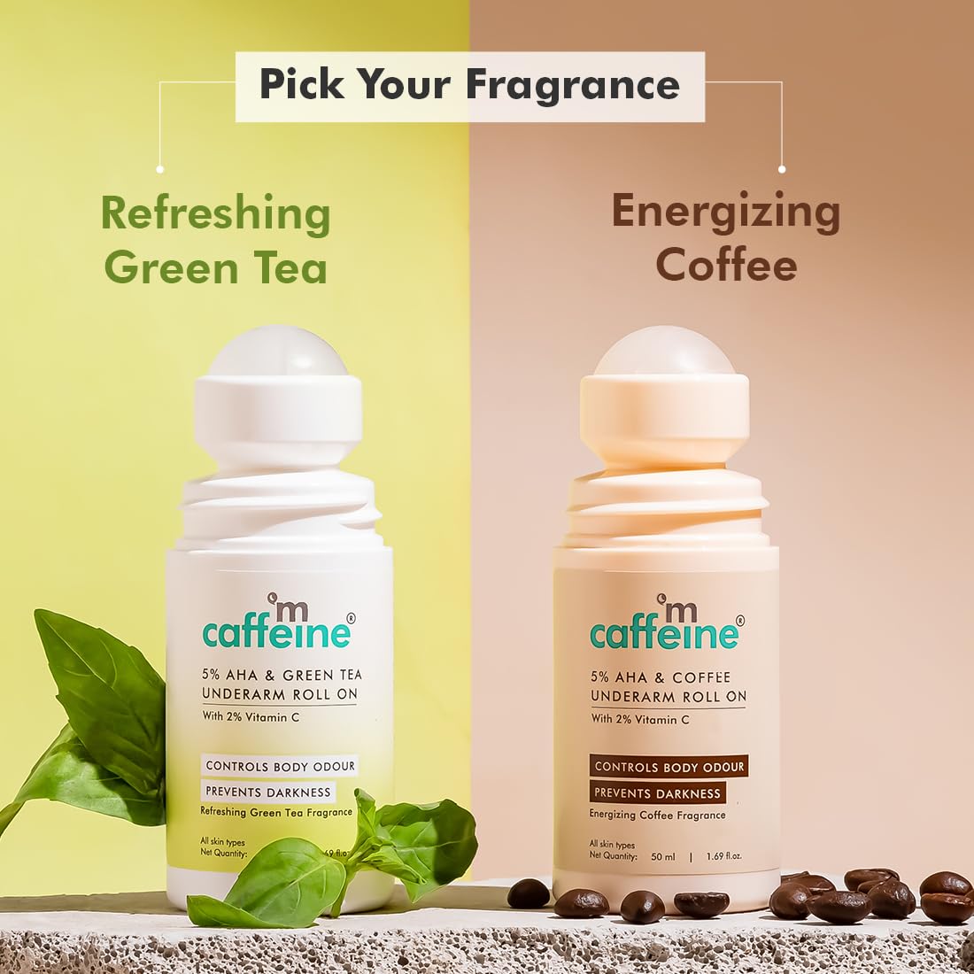 mCaffeine 5% AHA Underarm Roll On with Green Tea, 5% Lactic Acid & Mandelic Acid| 48H Odour Control | Prevents Darkness & Pigmentation, Kills Bacteria, Alcohol & Aluminum Free for Men and Women - 50ml
