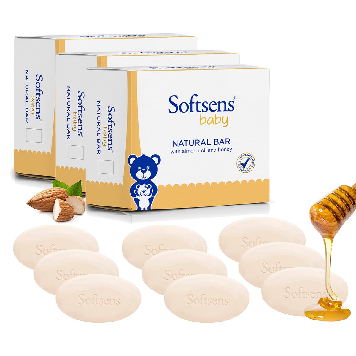 Softsens Baby Natural Bar Soap with Honey, Orange & Natural Almond Oil 9 Soaps x 100g