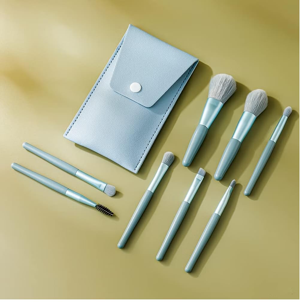 URBANMAC Makeup Brush Set 8PCS Mini With Storage (Blue Gray)