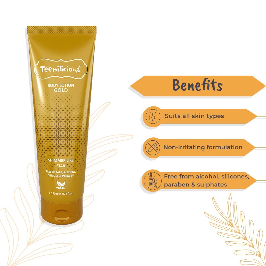 Teenilicious Gold Sparkle Body Lotion for Women & Men | Skin Moisturizer & Shimmer Lotion | Vegan | Free from Alcohol, Silicones, Paraben & Sulphates | Suitable for All Skin - 150ml