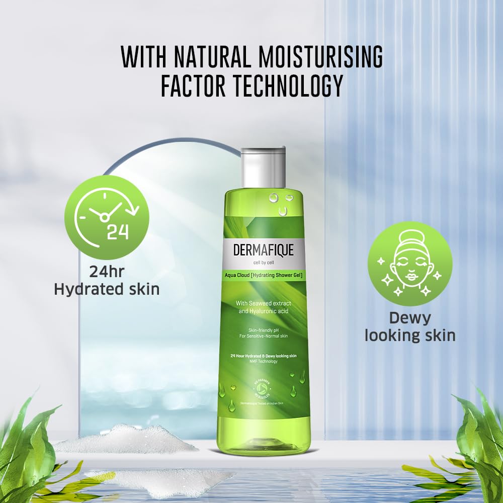 Dermafique Aqua Cloud Hydrating Shower Gel – 250ml, Body Wash for Women & Men, No Parabens/SLS/SLES,with Seaweed Extracts & Hyaluronic Acid, Suitable for Sensitive - Normal Skin | Dermatologist Tested