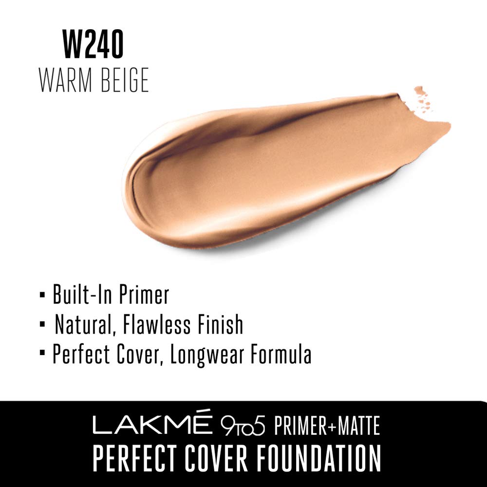 Lakmé 9 To 5 Primer + Matte Perfect Cover Full Liquid Foundation, W240 Warm Beige, 25ml & Absolute Blur Perfect Makeup Primer, Peach, 10g (Acne Prone)