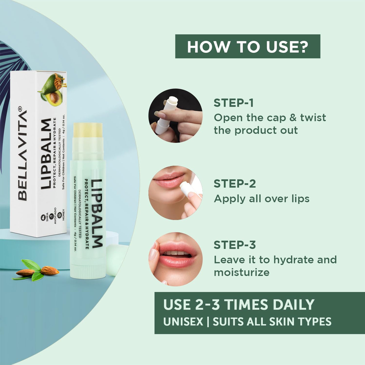 Bella Vita Organic Natural LipBalm for Dry Damaged & Chapped Lips Enriched with Shea Butter, Avocado 4 gm (Pack of 2)