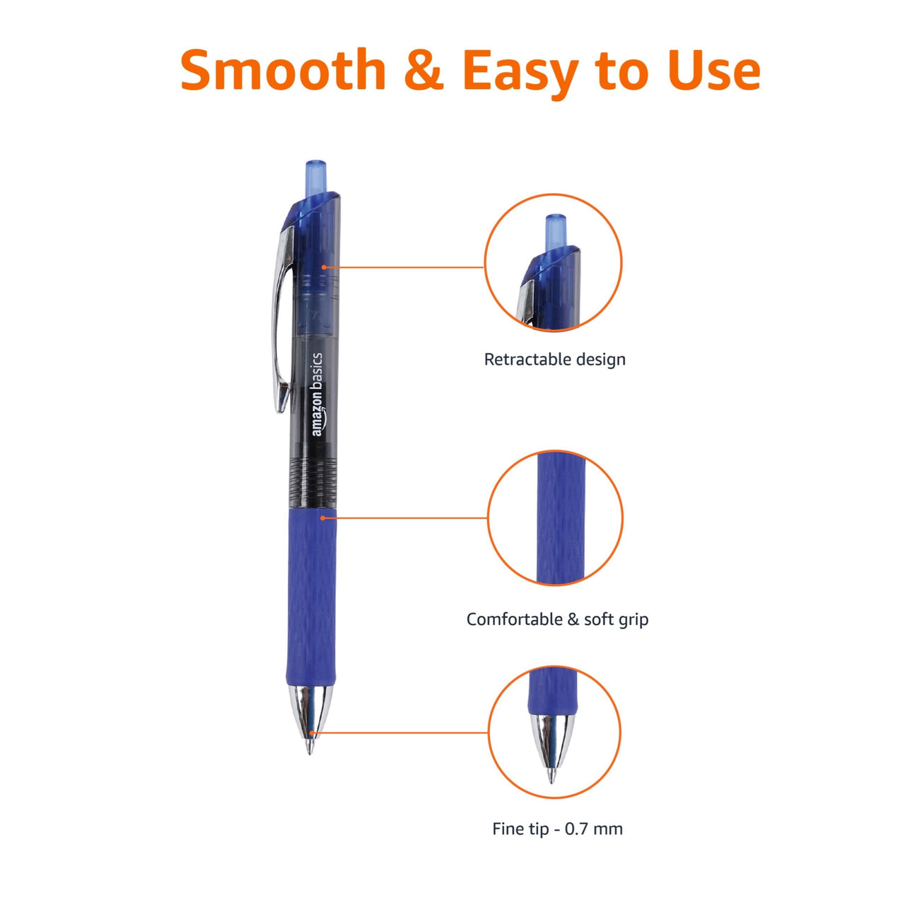 Basics Retractable Gel Pens, Fine Point (0.7mm), Blue, 12 Count (Pack of 1)