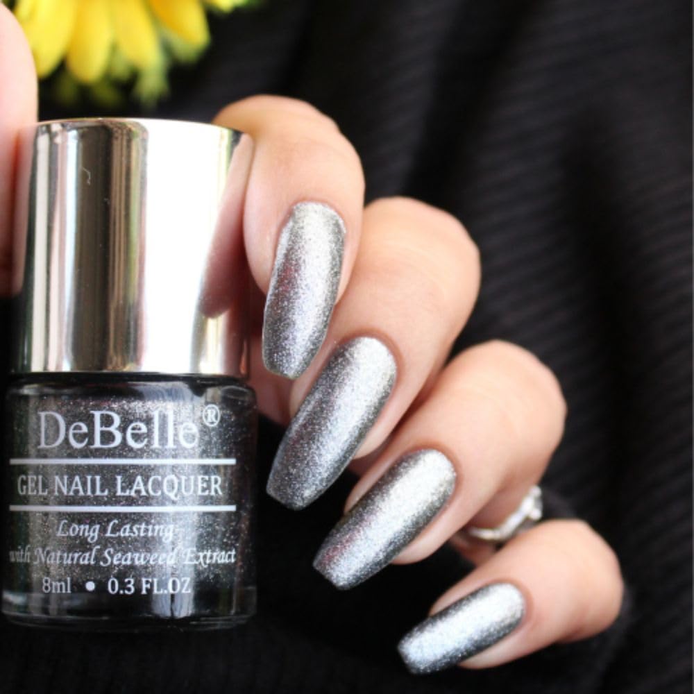 DeBelle Gel Nail Polish Grey Glitteratti (Silver Glitter Nail Paint)|Non UV - Gel Finish |Chip Resistant | Seaweed Enriched Formula| Long Lasting|Cruelty and Toxic Free| 8ml