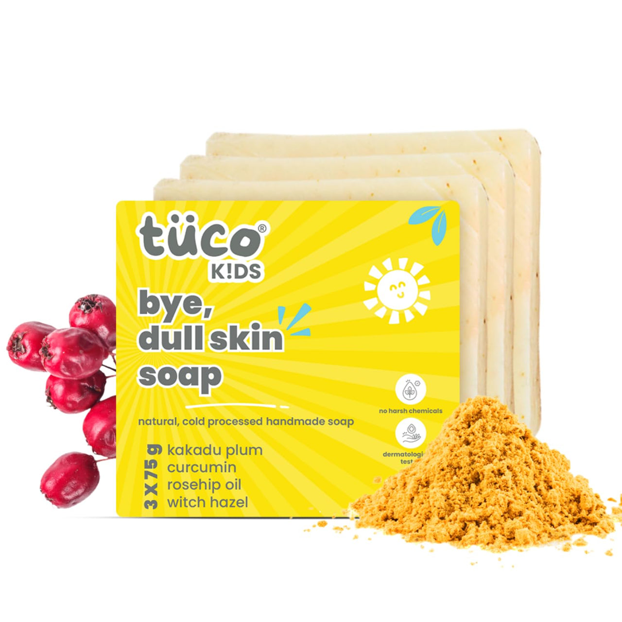 Tuco® Kids Bye, Dull Skin Soap Pack of 3X75gm with Turmeric, Shea Butter & Coconut Oil | Perfect for Dull & Sensitive Skin | Paraben & Sulphate Free | Ages 2-5, 5-10, 10-15 | 3x 75gm