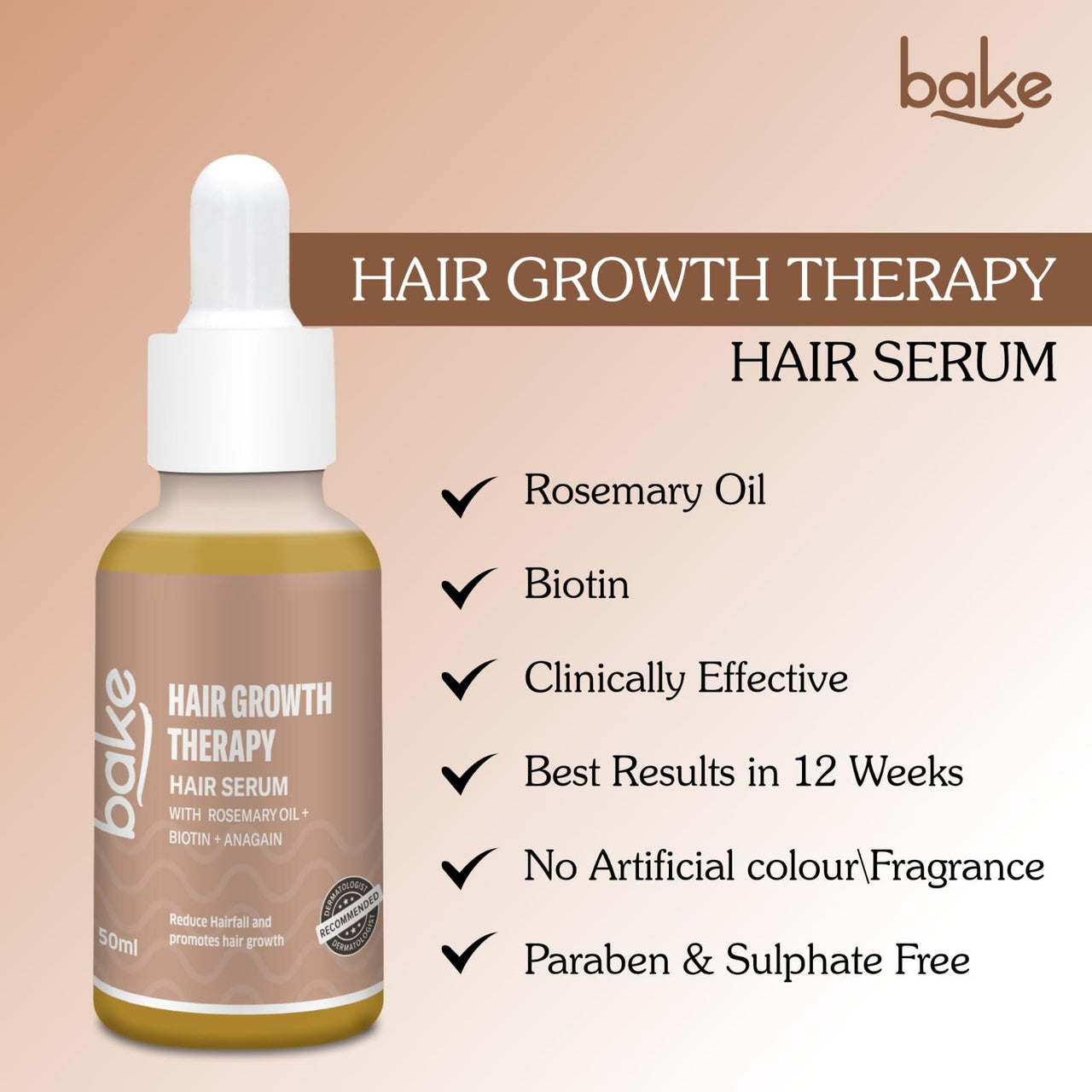 BAKE 95% Pure Rosemary Oil Hair Serum for Hairfall Control with Anagain & Biotin | Scalp Serum For Hair Growth & Dry, Frizzy Hair | For Women & Men | 50ml