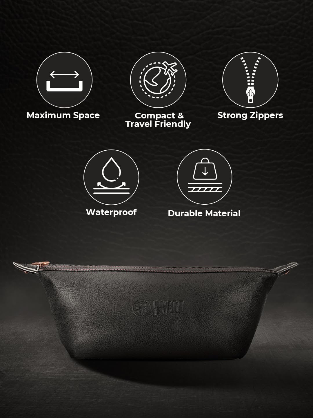 Beardo Travel Pouch for Accessories|Stylish Toiletry Organizer Kit for Men & Women||Vegan Leather Waterproof Cosmetic Bag for Travel Essentials, 22 x 15.4 x 15.4 Centimeters, Black