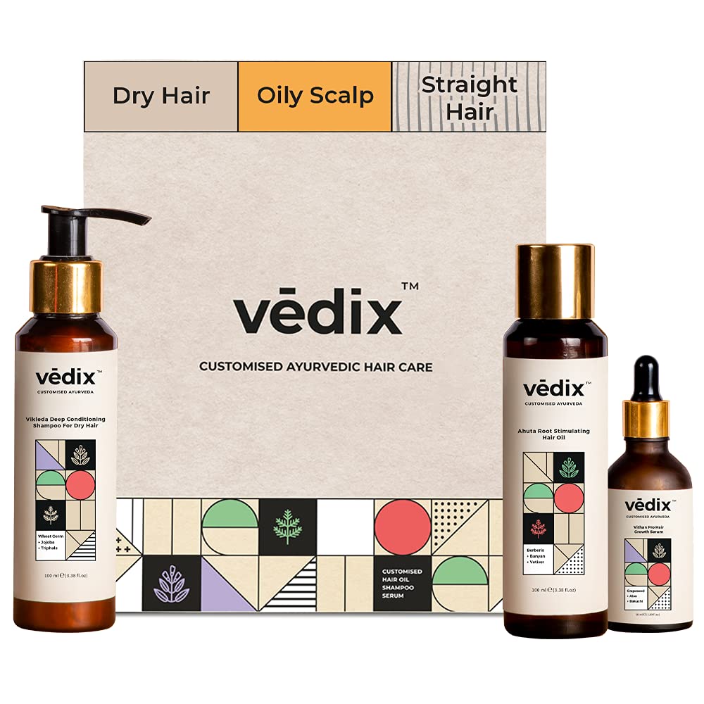 Vedix Customized Hair Fall Control Regimen for Dry Hair - Oily Scalp & Straight Hair - Customized Ayurvedic Hair Care Regimen - 3 Product Kit - Anti Hair Fall Oil Berberis + Banyan - Anti-Hairfall Shampoo For Dry Hair - Vithan Pro Hair Growth Serum