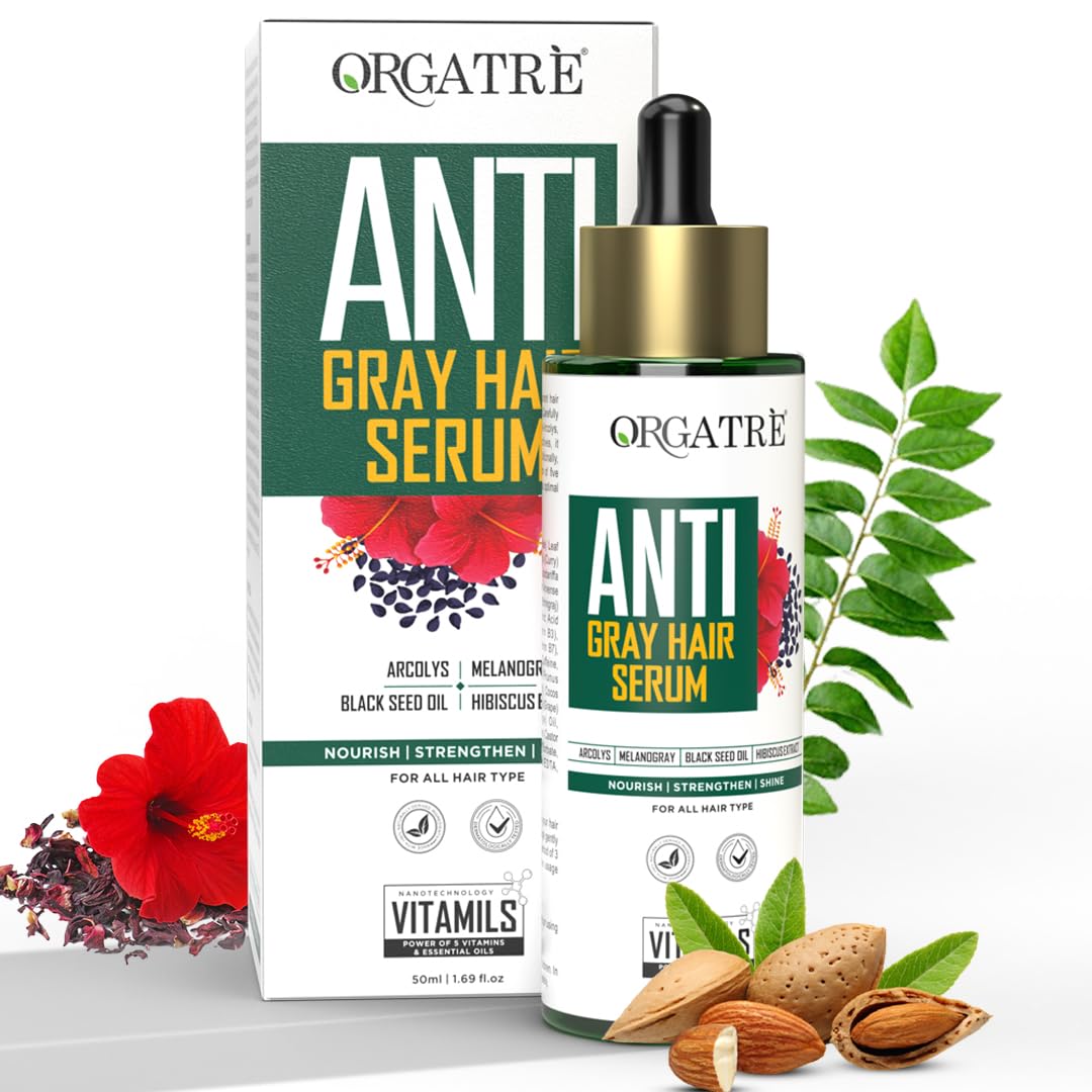Orgatre Anti-Gray Hair Serum With Arcolys, Melanogray, Black Seed Oil & Hibiscus Extract | Light-Weight, Non-Sticky 50ml
