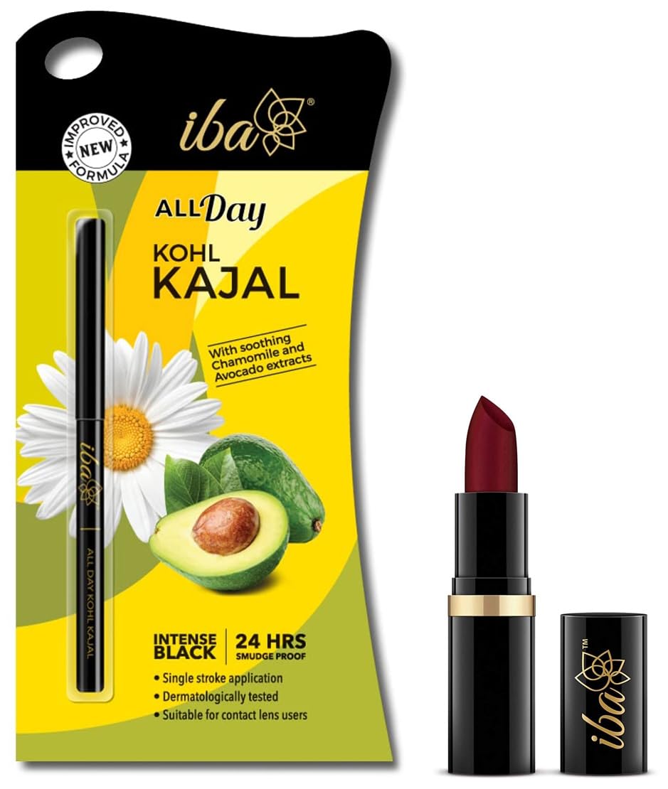 Iba Halal Care Pure Lips Moisturizing Cream Finish Lipstick Shade - A72, Maroon Burst, 4g and Halal Care All Day Kohl Kajal with Matte Finish - Jet Black, 0.35g