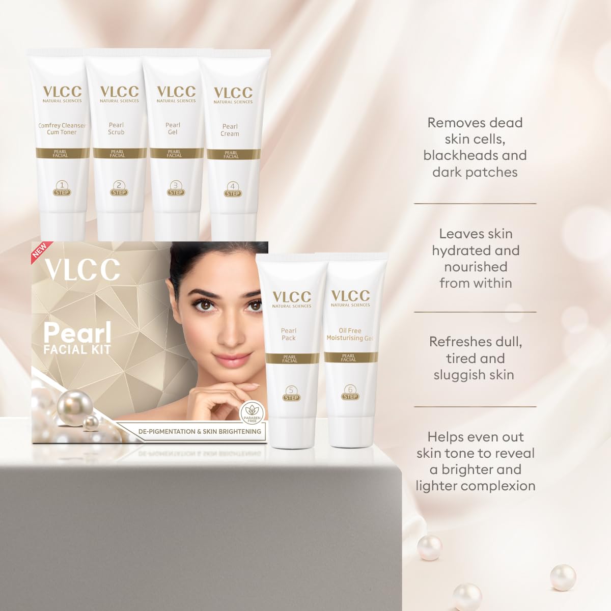VLCC Pearl Facial Kit - 60g | Luminous and Radiant Skin | At Home Facial with Pearl Extracts, Sandalwood, Turmeric & Aloe Vera | Tan Removal Facial Kit.