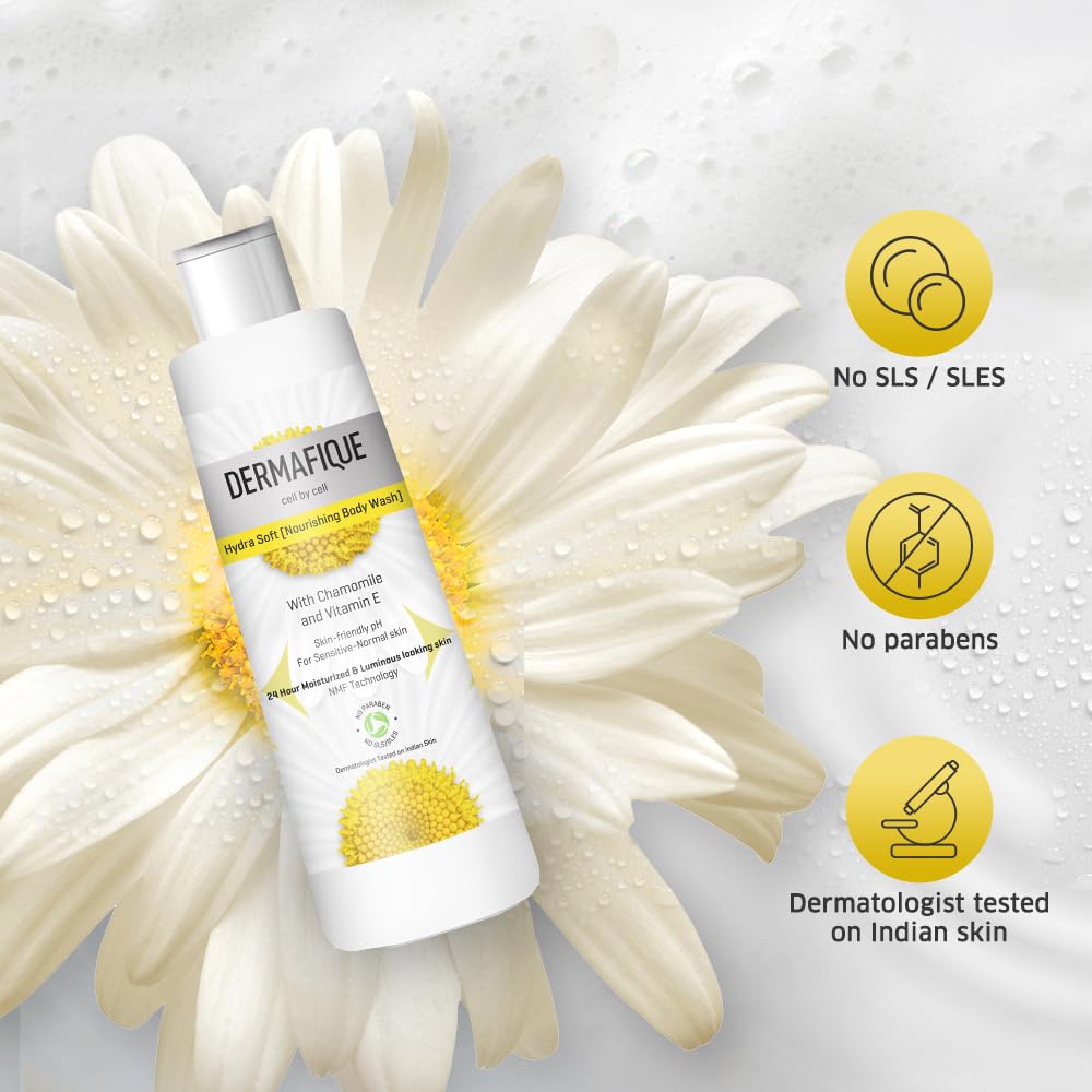Dermafique Hydra Soft Nourishing Body Wash – 250ml, Showergel for Women & Men, No Parabens/SLS/SLES, With Vitamin E & Chamomile, Suitable for Sensitive - Normal Skin | Dermatologist Tested