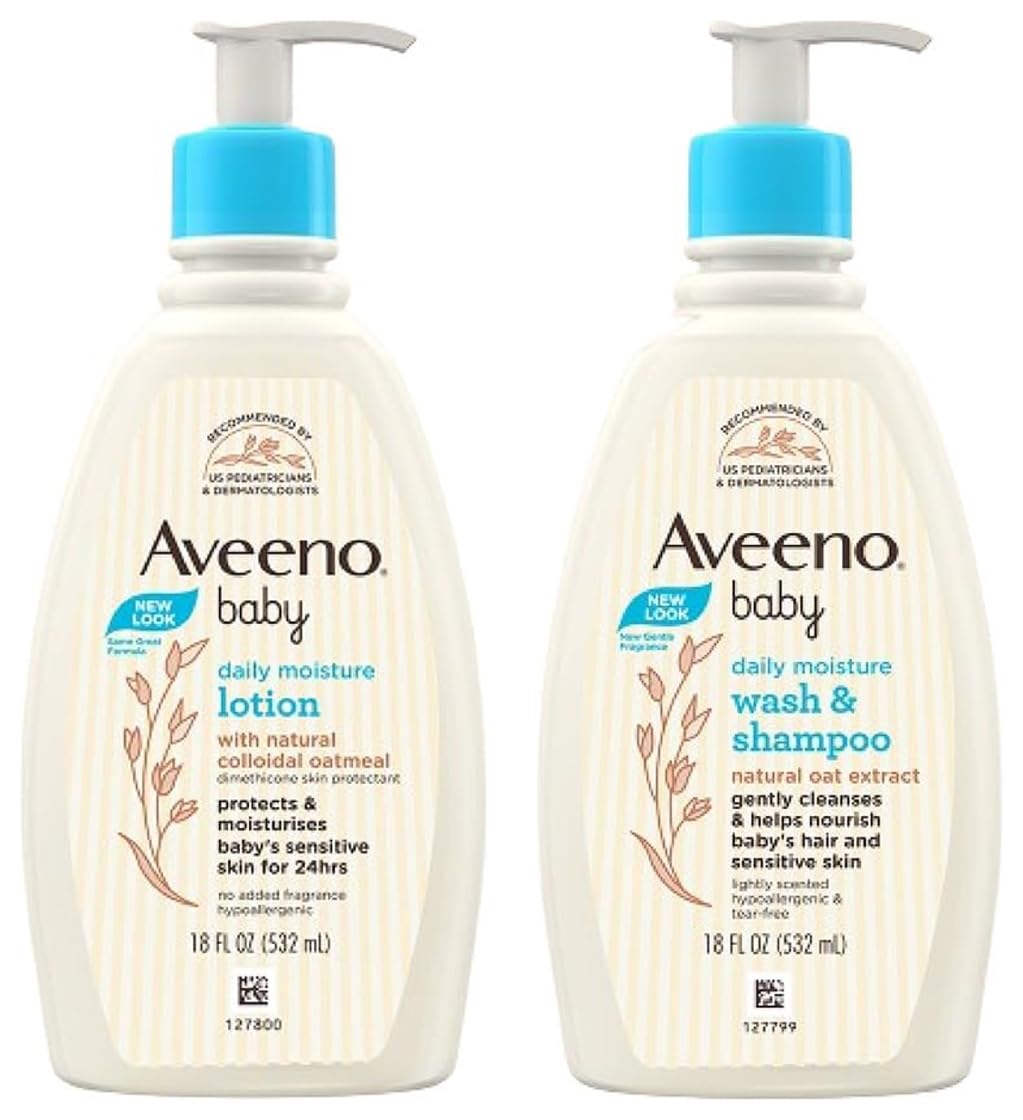 Aveeno Baby Daily Moisture Wash & Shampoo 532 ml & Daily Moisturizing Body Lotion 532 ml| 24 Hour Protection for Sensitive Skin | Active Natural Oats Formula
