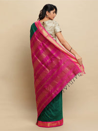 manvish drapes Gadwal Silk Cotton saree with Buttas and Peacock Border Saree with Contrast Blouse Piece (GREEN-RANI)