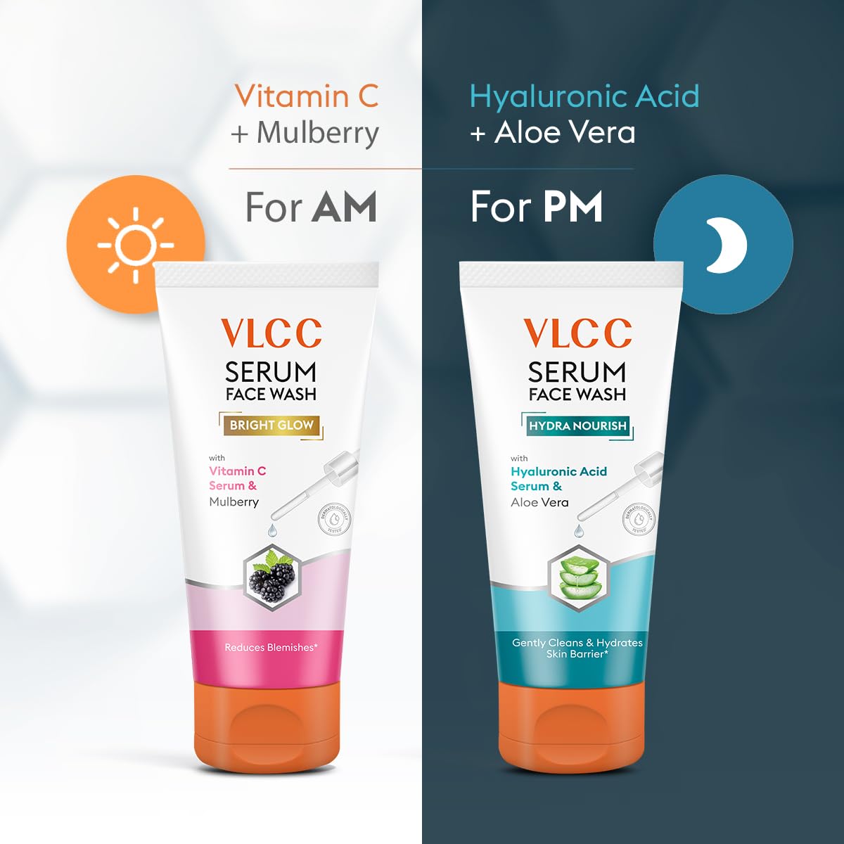 VLCC Vitamin C & Mulberry Serum Facewash - 150 ml to Reduce Blemishes & Brighten for AM | with Free Hyaluronic Acid & Aloe Vera Serum Facewash - 150 ml to Strengthen Skin Barrier for PM (B1G1)