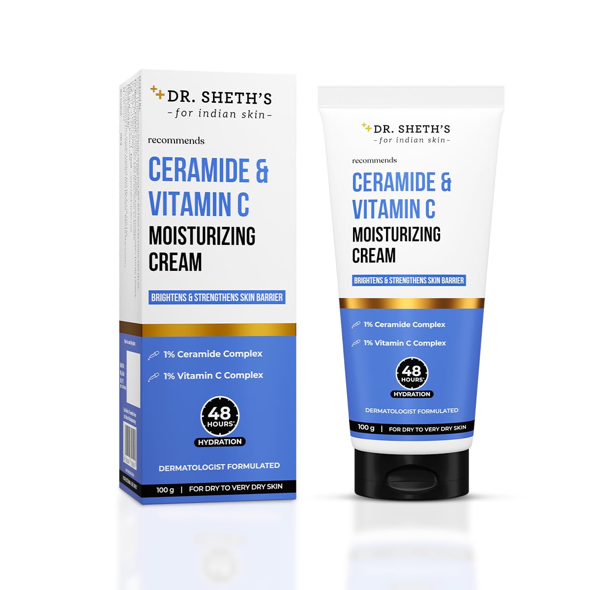 Dr. Sheth's Ceramide & Vitamin C Moisturizing Cream |For Dry to Very Dry Skin | Brightens & Strengthens Skin Barrier | 48hr Deep Hydration | Non Sticky | Biomimetic Ingredients | For Men & Women |100g