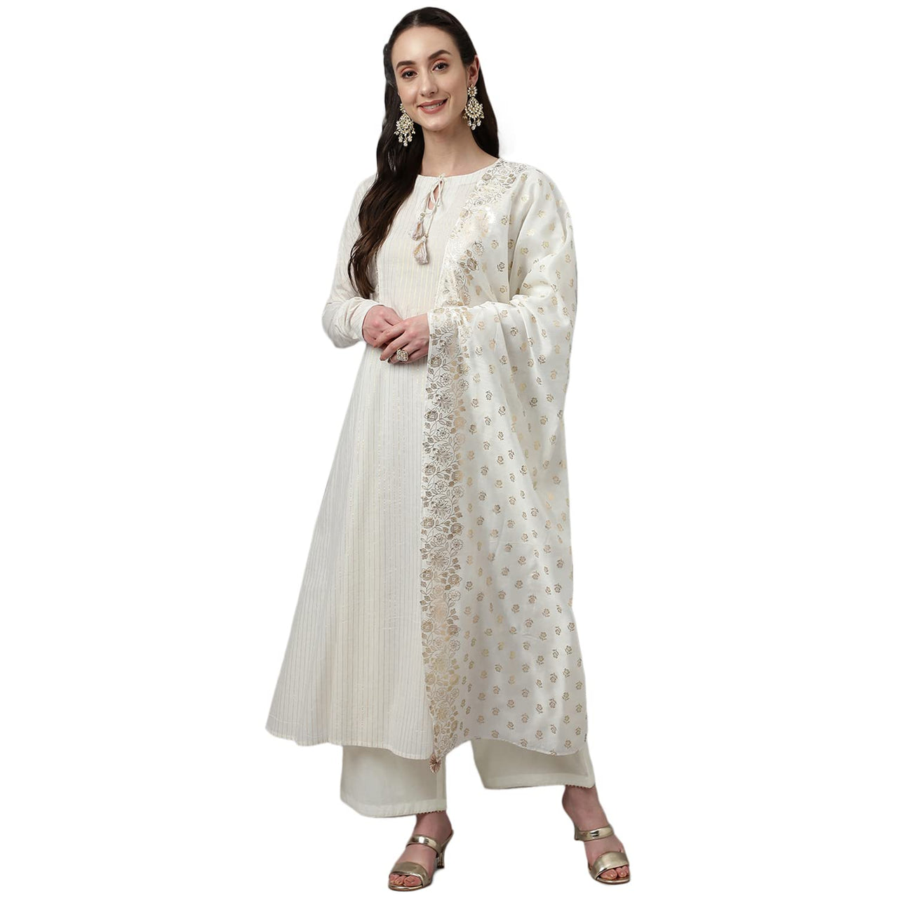 FIORRA Women's  Off White Pure Cotton Flared Kurta with Palazzo and Dupatta S
